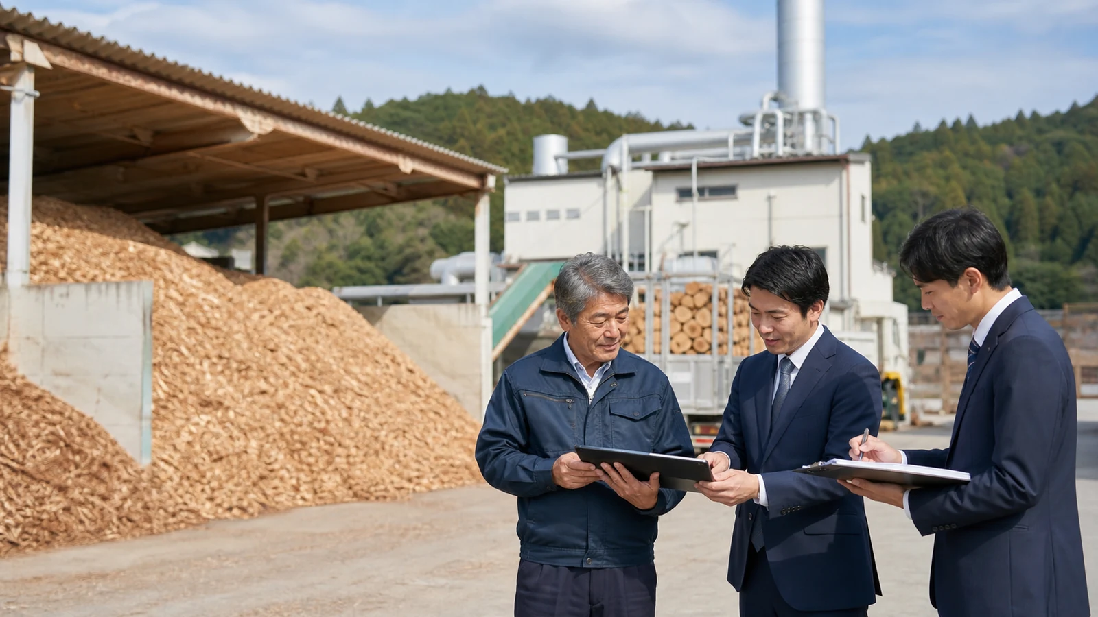 木質バイオマス発電所と燃料供給の現場確認