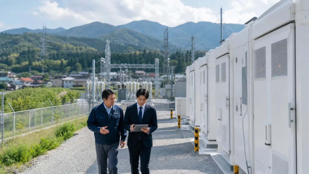 系統用蓄電池施設と地域の連系設備を確認する担当者