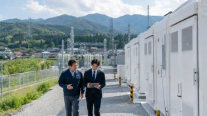 系統用蓄電池施設と地域の連系設備を確認する担当者