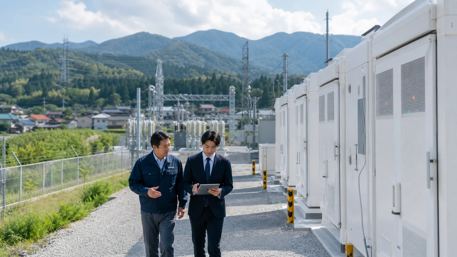 系統用蓄電池施設と地域の連系設備を確認する担当者