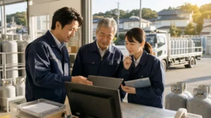 LPガス販売会社の配送ルートと保安台帳を確認する担当者