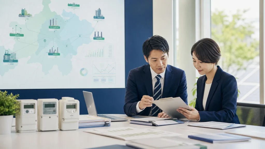 電力小売事業の需要家データと契約資料を確認する担当者