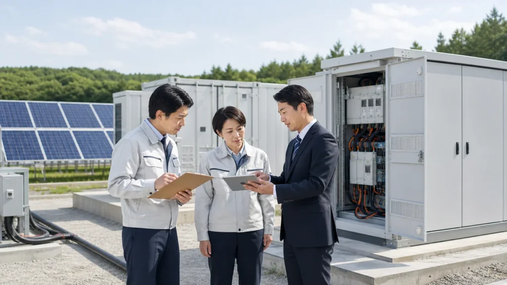 太陽光発電と蓄電設備の現地確認を行う担当者