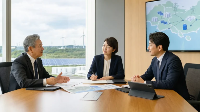 エネルギー事業の譲渡企業の経営者と譲受候補企業の担当者が地主・自治会・需要家への説明順序と運営移行を協議する様子