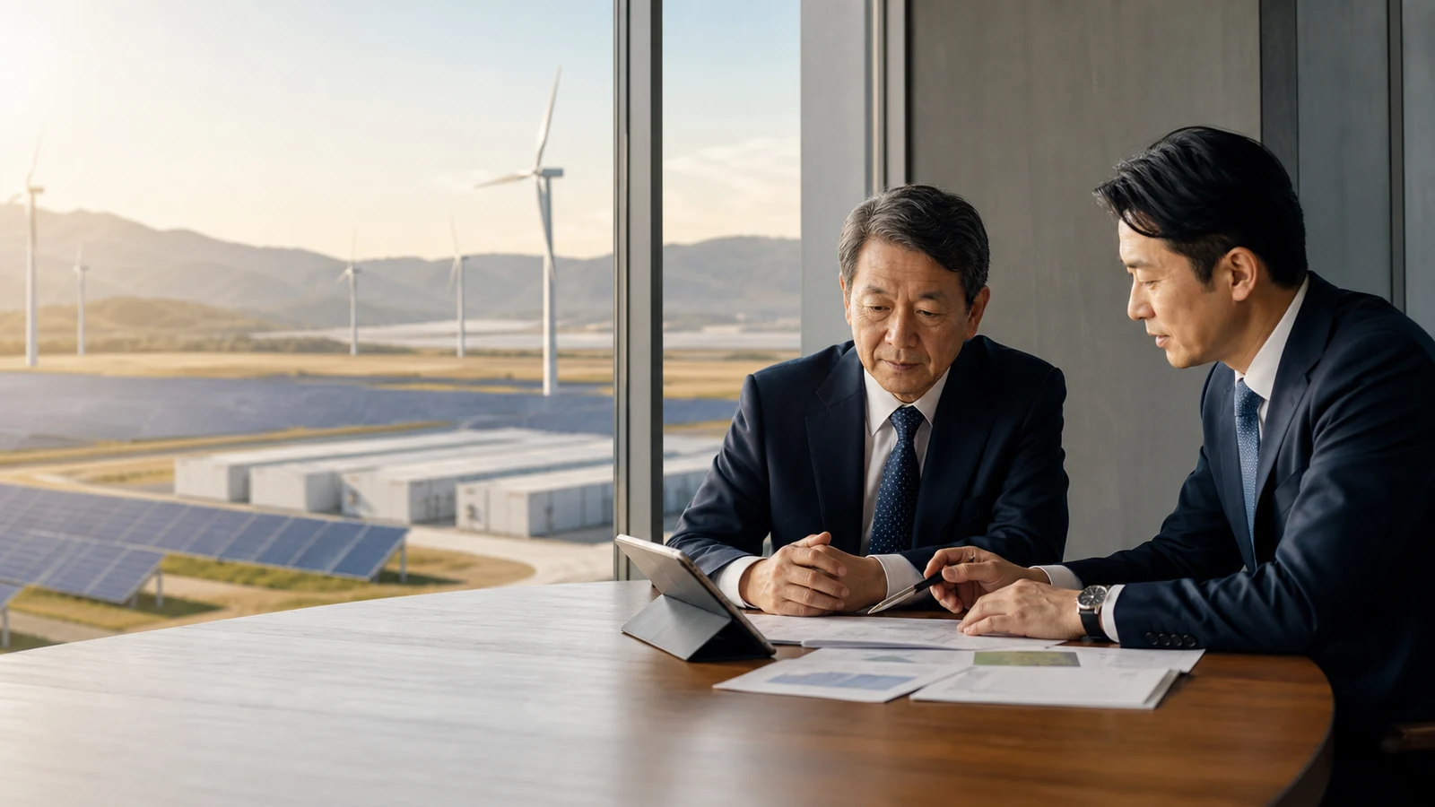 再生可能エネルギー設備の事業承継について現地で話し合う経営者と運営担当者