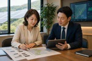 匿名資料を確認する経営者とM&Aアドバイザー