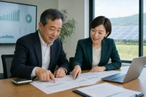譲渡費用と契約資料を確認するエネルギー会社の経営者とM&Aアドバイザー