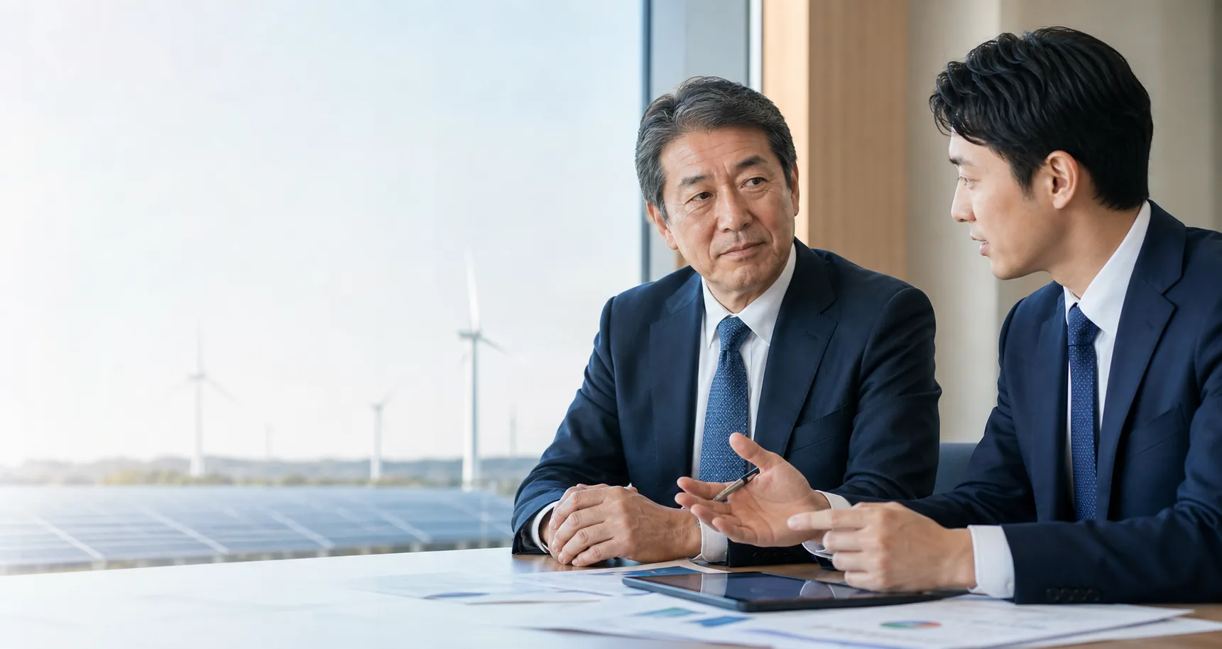 エネルギー会社の経営者とM&Aアドバイザーが太陽光・風力発電を背景に承継方針を相談する様子