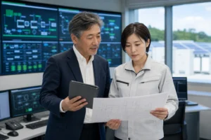 再生可能エネルギーの運営を次世代責任者へ引き継ぐ創業者と技術者