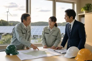 創業者と運用責任者が事業承継計画を確認する様子