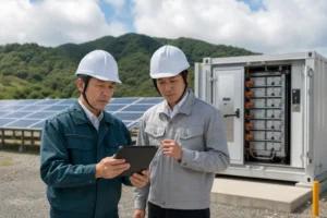 発電設備の現地確認を行う経営者と技術担当者