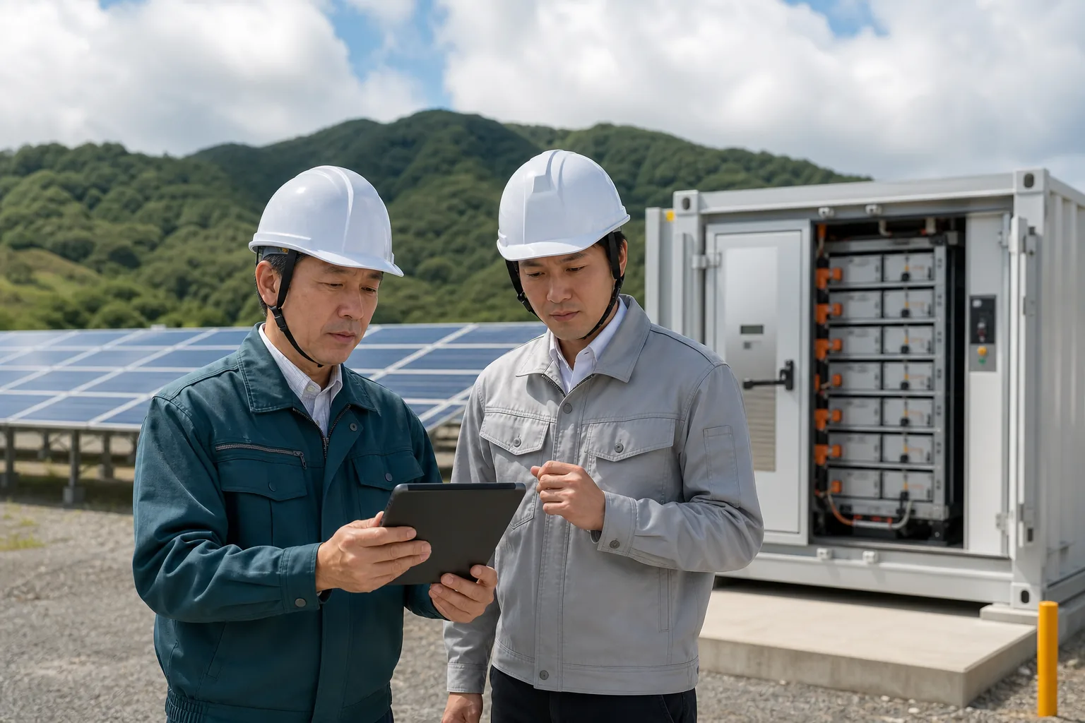 太陽光発電所と蓄電設備で事業価値と運用体制を確認する経営者と技術担当者