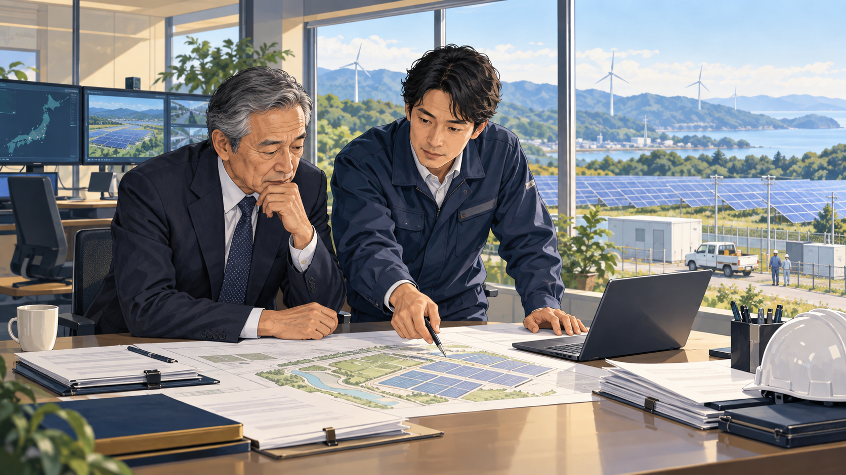 エネルギー M&Aで事業承継を検討するオーナーと運営担当者のイメージ